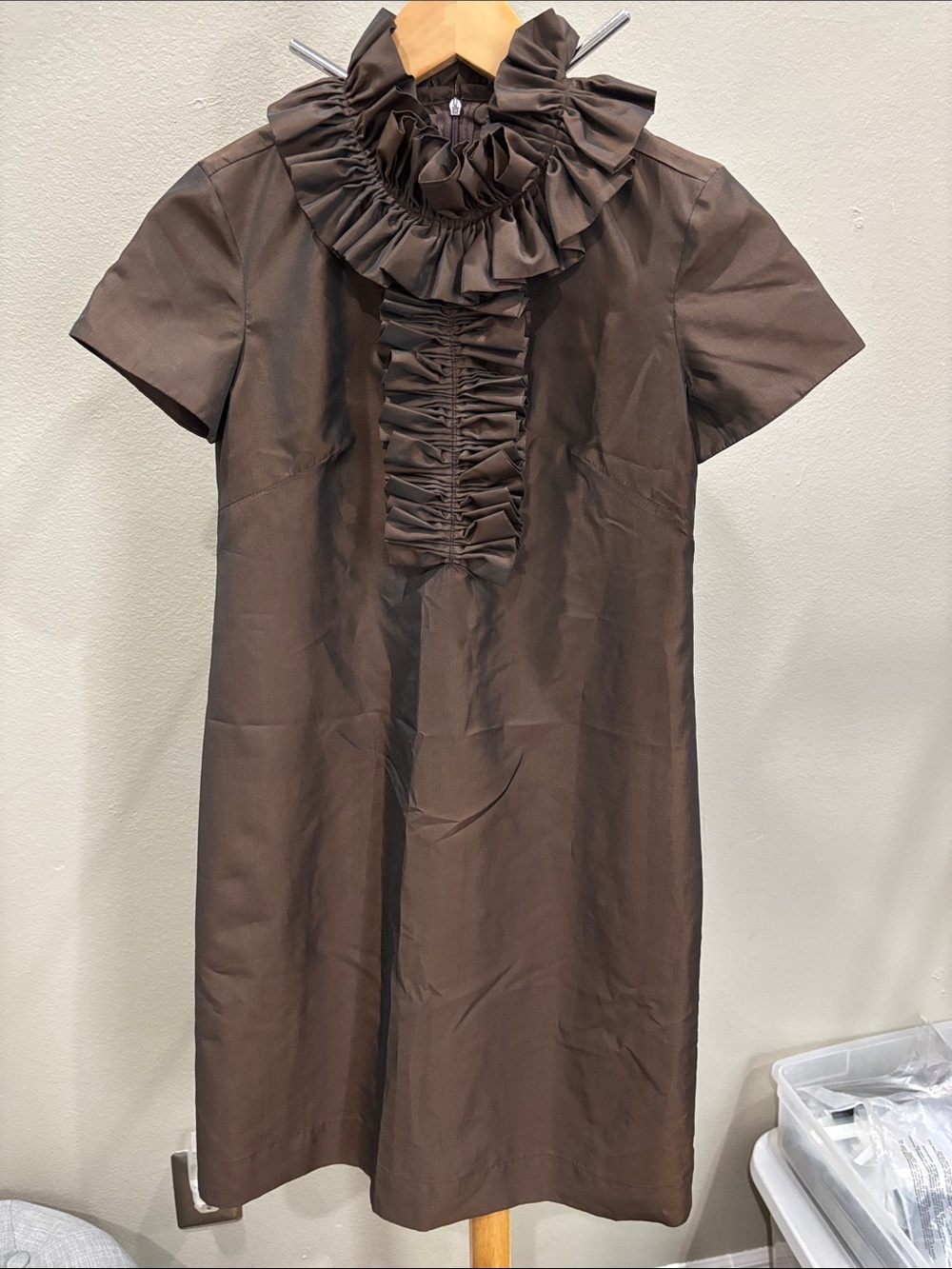Brown Ruffle-Neck Taffeta Shift Dress